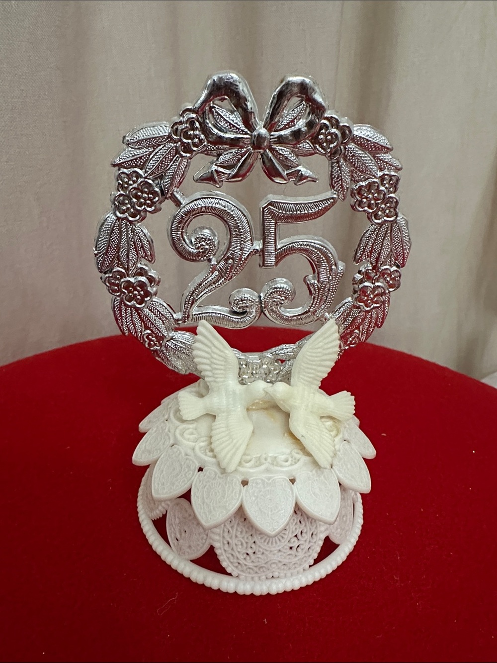 Silver and White 25th Anniversary Decorative Cake Topper